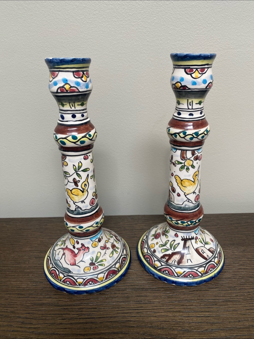CASAFINA Hand-Painted Folk Art Ceramic Candle Stick Holders set of 2